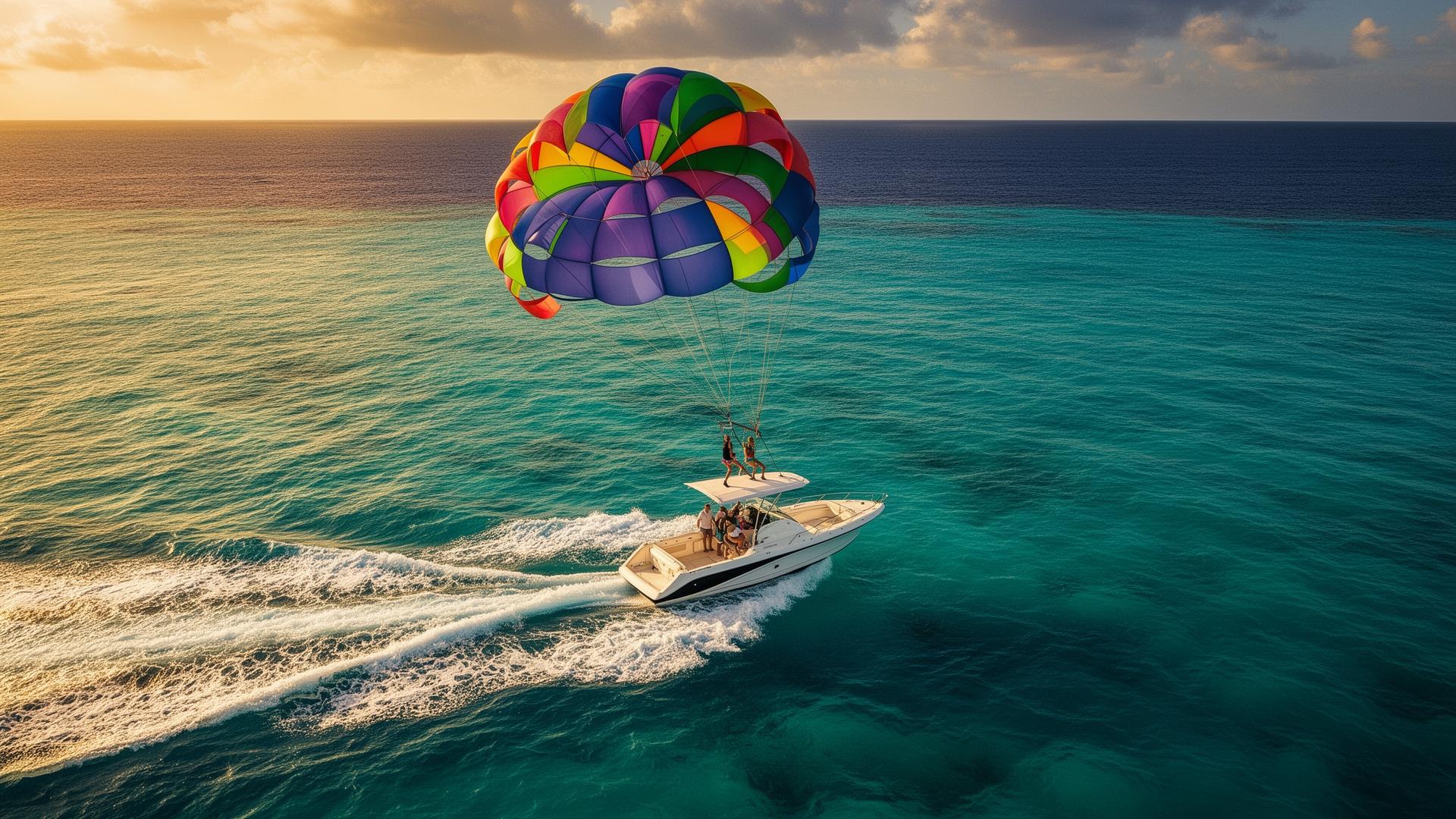 Parasailing boat racing across deep blue ocean with colorful canopy